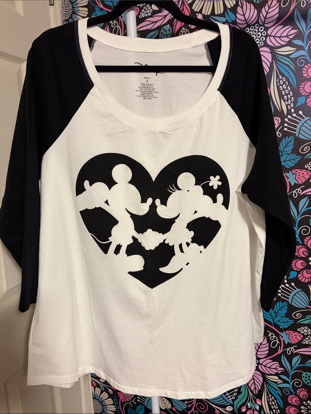 Disney Black & White Mickey Minnie Heart Raglan Long Sleeve Tee